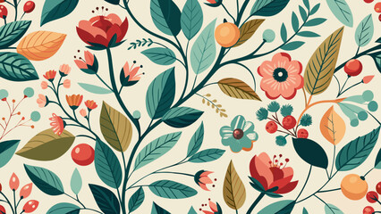 Charming floral pattern with blooming flowers leaves and berries in a vintage style
