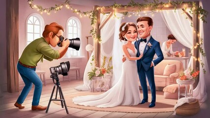 An animated wedding photo shoot scene with a photographer capturing a smiling couple in a romantically decorated venue - Powered by Adobe