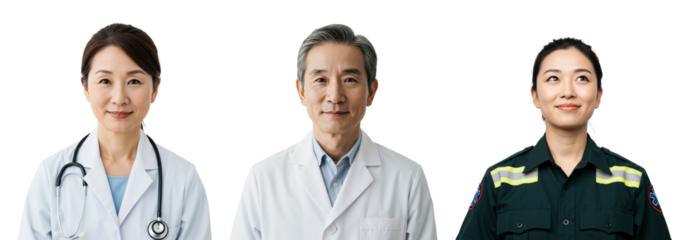 Three Professional Health Workers: Two Asian Female Doctors in White Coats and One Asian Male Doctor with Stethoscope on a Black Background, Representing Healthcare and Emergency Response