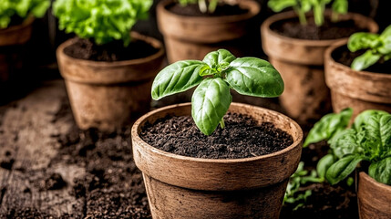 Basil Plants in Pots on Wooden Shelf