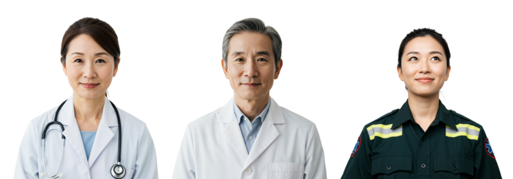 Three Professional Health Workers: Two Asian Female Doctors in White Coats and One Asian Male Doctor with Stethoscope on a Black Background, Representing Healthcare and Emergency Response