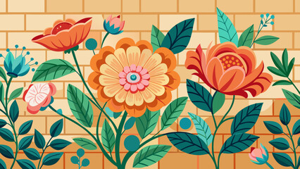 Vibrant folk art floral border design against a textured brick wall background