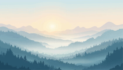 Obraz premium Serene Mountain Landscape with Layers of Foggy Forests and Sunrise in Soft Pastel Colors