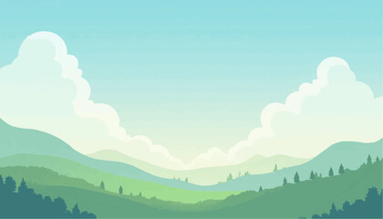 Fototapeta premium Serene Green Mountain Landscape with Blue Sky and Fluffy Clouds in Natural Setting