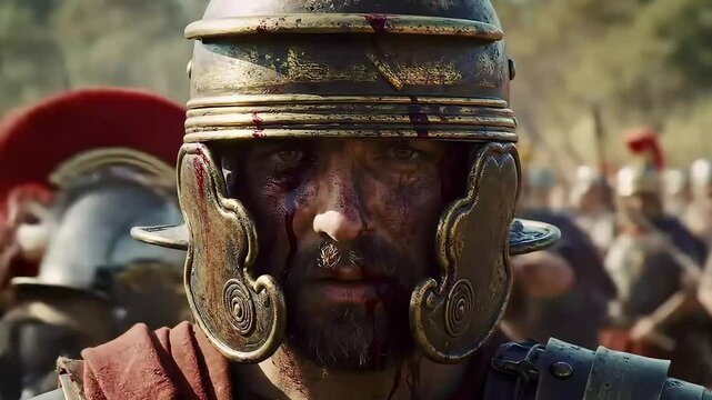 Roman legionary covered in blood after battle showing hardship and courage