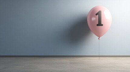 Pink Balloon with Number One Floating Against a Light Blue Wall in a Minimalist Setting