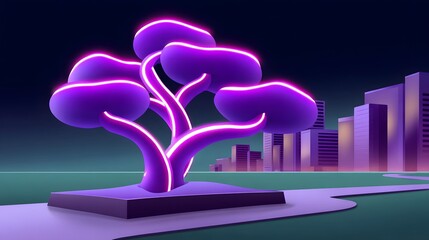 Glowing abstract neon sculpture in a futuristic cityscape