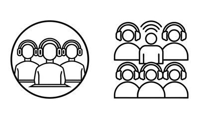A black and white vector illustration set of business network podcast line icon