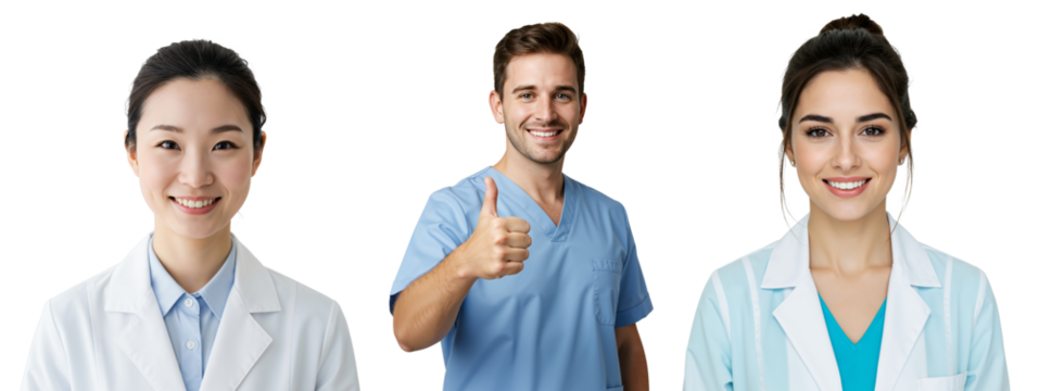 A diverse group of three medical professionals, including a young Asian female doctor, a smiling Caucasian male nurse, and a brunette female doctor, pose confidently against a dark background.