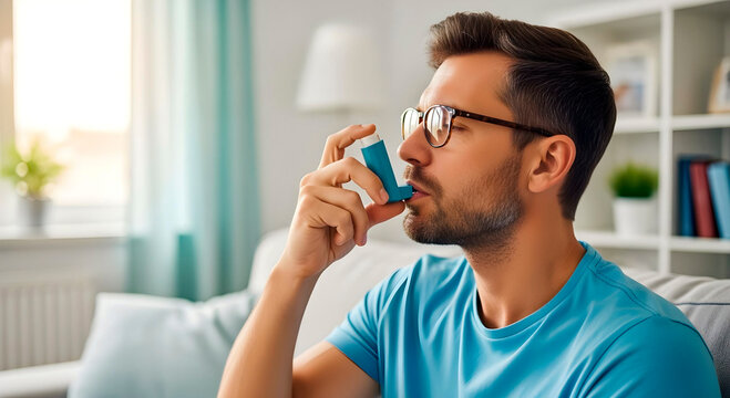 Man sitting in a bright living room using an asthma inhaler, wearing a robe.