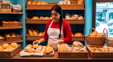 Young female baker arranging fresh bread in cozy bakery shop
