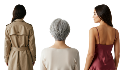 Rear view of three diverse women from different generations. A young woman in a trench coat, a senior with grey hair, and a young woman in a silk top.