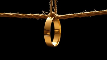 Golden wedding bands hanging on a thin rope against a dark backdrop, symbolizing love and elegance.