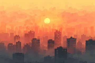 Urban sunset skyline with silhouetted buildings and vibrant sky