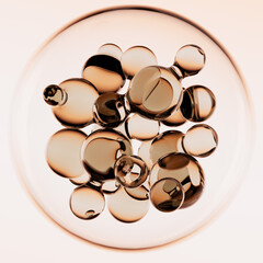 3D rendering of a cosmetic serum bubble ingredients. Abstract concept of collagen or liposome molecules for an anti-aging skin care product. Beauty and dermatology concept.