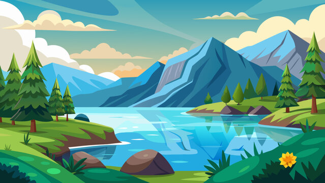 Vibrant cartoon landscape with blue mountains reflecting in a clear lake