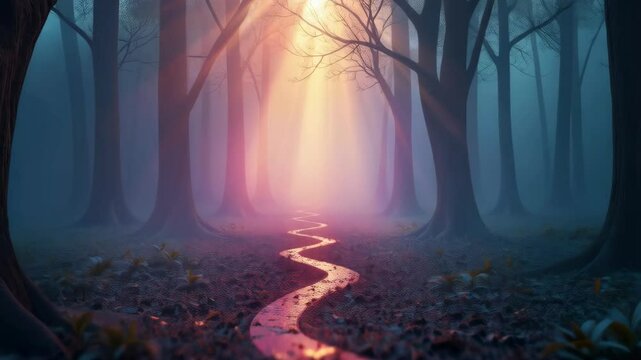 Morning light beams illuminate a winding path through foggy trees. Sun's rays streams fog