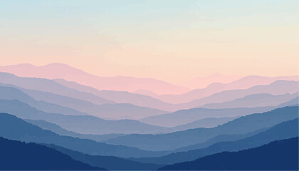 Mountain Landscape with Layered Blue and Pink Hues During Sunrise or Sunset