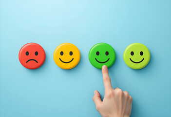 Hand selecting a green smiley face among a row of colorful feedback icons on a light blue background