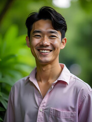 Happy Asian Man Smiling Outdoors in Nature