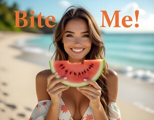 Concetto di Estate e gioia di vivere: bella ragazza felice al mare che regge una fetta di anguria con la scritta "Bite me"