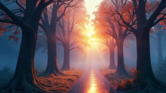 Sunlight beams through trees, illuminating a foggy forest path. Sun's rays streams fog