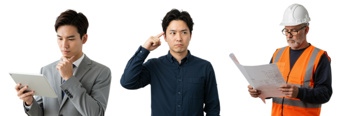 Three Diverse Men in Professional and Skilled Roles: Young Asian Businessman Using Tablet and Thinking, Middle-Aged Asian Man Considering, Mature Caucasian Construction Worker Examining Blueprints