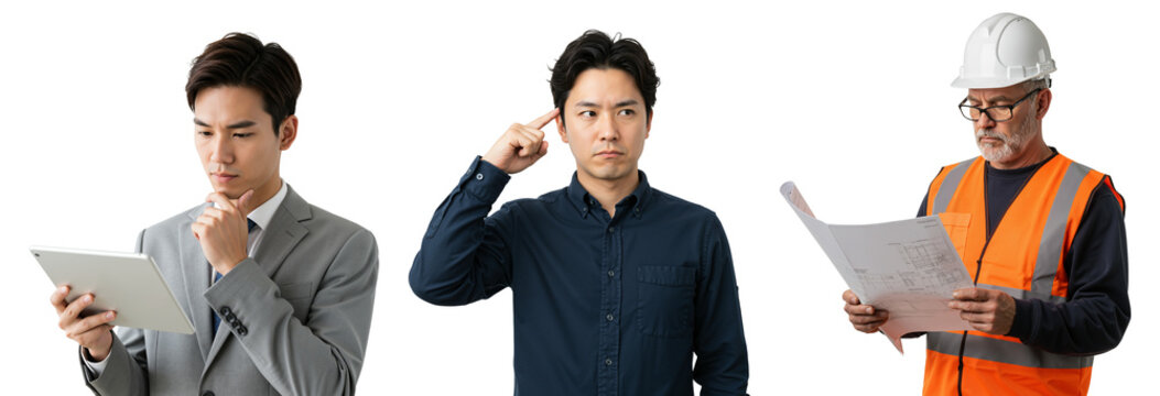 Three Diverse Men in Professional and Skilled Roles: Young Asian Businessman Using Tablet and Thinking, Middle-Aged Asian Man Considering, Mature Caucasian Construction Worker Examining Blueprints