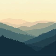 Fototapeta premium Serene Mountain Landscape with Layered Hills and Soft Sunset Light