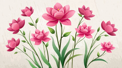 Beautiful pink lotus flowers with green leaves on a textured cream background