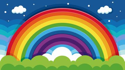 Naklejka premium Vibrant rainbow arches over green hills under a starry blue sky with clouds