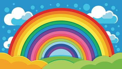 Vibrant multi colored rainbow arching over green hills under a blue sky with clouds