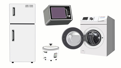 Flat vector illustration of household electrical appliances including refrigerator, microwave, rice cooker, and washing machine with open door. Clean and modern design