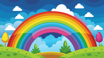 Naklejka premium Vibrant cartoon rainbow arches over a whimsical landscape with fluffy clouds and colorful trees