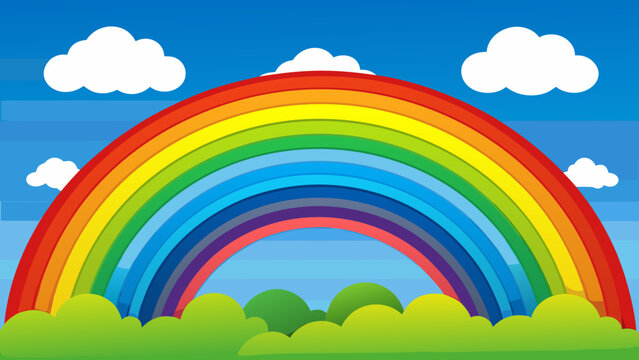 Vibrant rainbow arcs across a clear blue sky with fluffy white clouds above green rolling hills