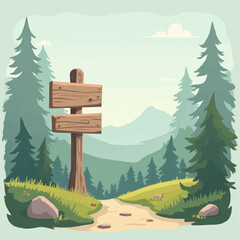 Wooden Signpost in Forest with Path and Mountain in Background