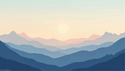 Fototapeta premium Serene Mountain Landscape with Soft Pastel Colors and Layered Ranges at Sunrise