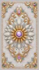 Ornate Gold and White Floral Design with Purple Gemstone