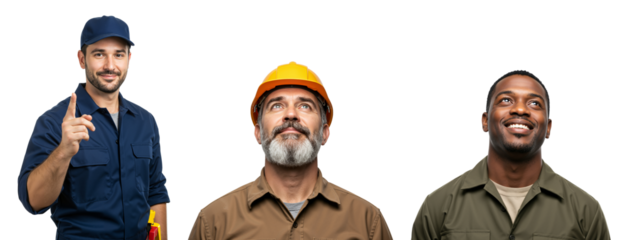 Three Male Construction Workers of Different Ages in Professional Attire, Including Young Adult with Cap, Middle-Aged with Glasses, and Senior Respectfully Smiling, Against Black Background
