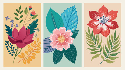 Fototapeta premium Vibrant floral triptych featuring boldly colored flowers and lush greenery on pastel backgrounds