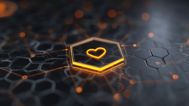 Digital Heart of Connectivity: A close-up of a futuristic digital interface, showcasing a glowing heart symbol within a hexagonal cell. The image captures the essence of technology, connectivity.