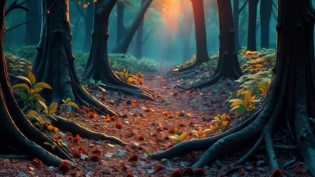 Experience the enchanting beauty of sunburst and fog in a forest. Tribal legends