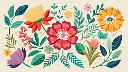 Vibrant flat design floral arrangement with various flowers and green leaves on a cream background