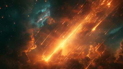 Fototapeta premium Golden fire rains from the galactic dome, A cosmic inferno for sci-fi dreams and digital home. 