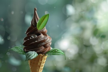 Sharp Image of a Ice Cream Cone with Chocolate Frosting and a Green Leaf on Top