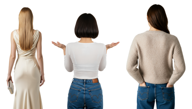 A diverse group of three women seen from the back against a transparent background. Comparison of formal evening wear and casual everyday outfits.