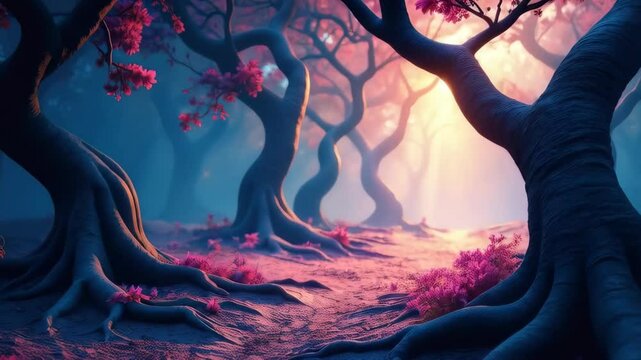 Discover a serene, misty forest with vibrant sunburst trees. Sun's rays in fog