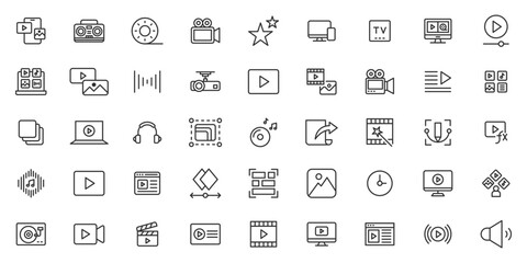 Multimedia icons set. Audio video icons pack multimedia, audio, video, image, animation, graphic design, motion graphics, visual effects, special effects, editing line icon set.