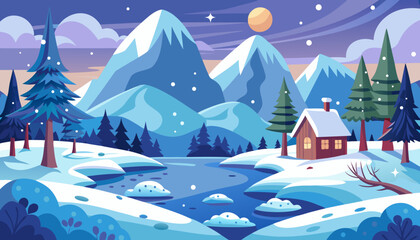 Cozy cabin in a snowy mountain landscape under a full moon and falling snow