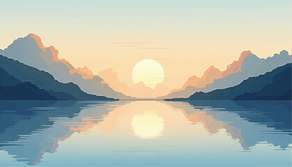 Calm Lake Reflecting Sunrise with Mountains and Soft Orange Clouds